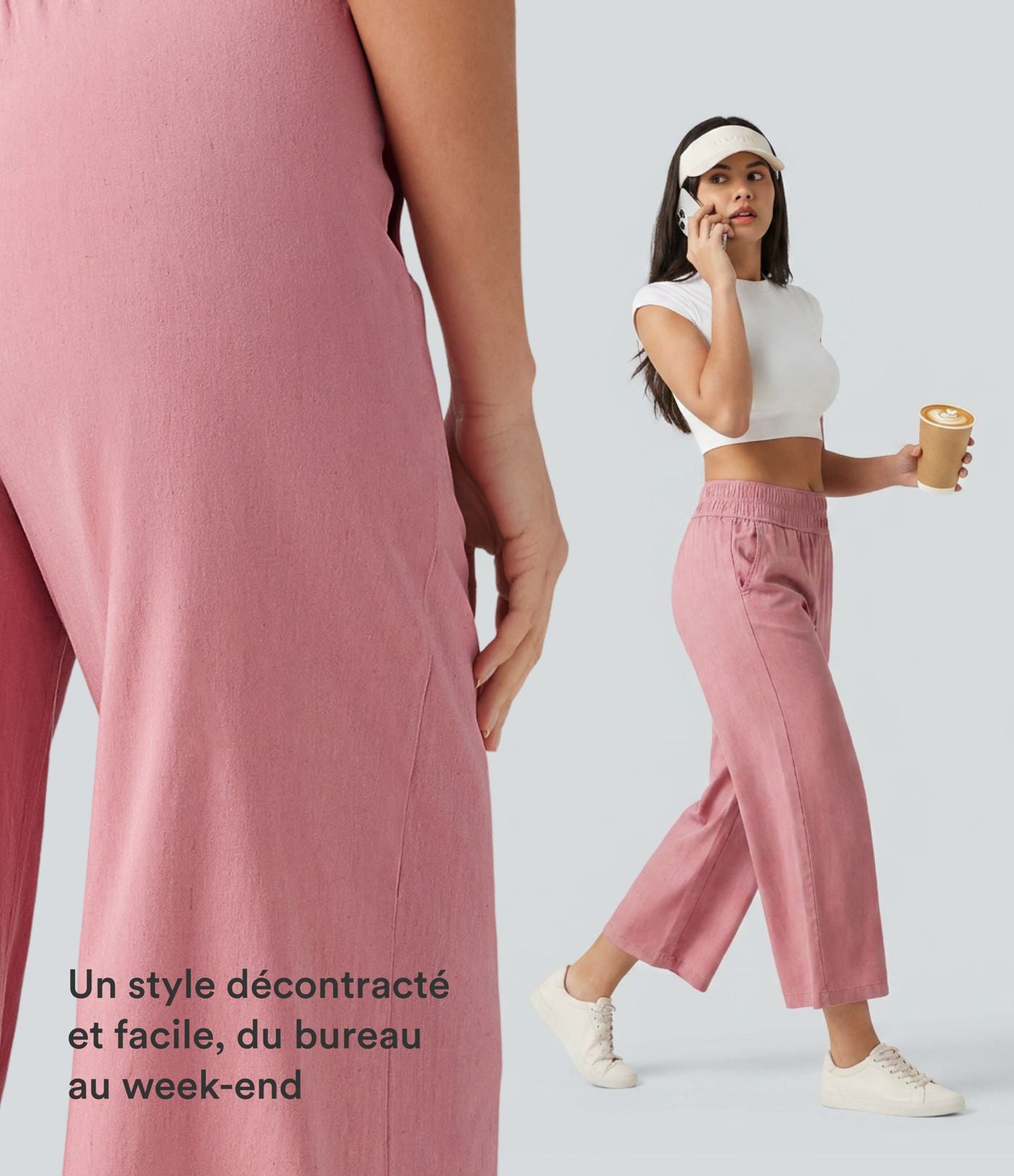 Pantalon large fluide 7/8 taille mi-haute en lin extensible avec poches