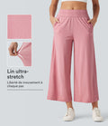 Pantalon large fluide 7/8 taille mi-haute en lin extensible avec poches