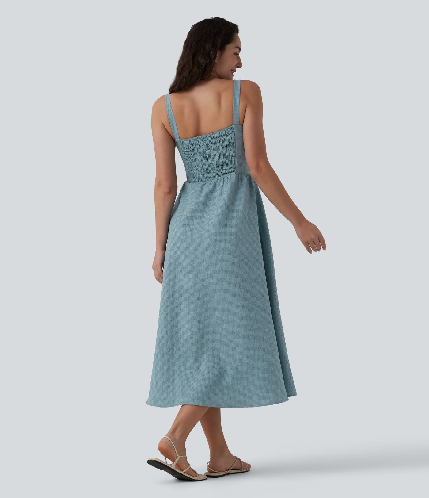 Robe fluide casual mi-longue texturée froncée et smockée
