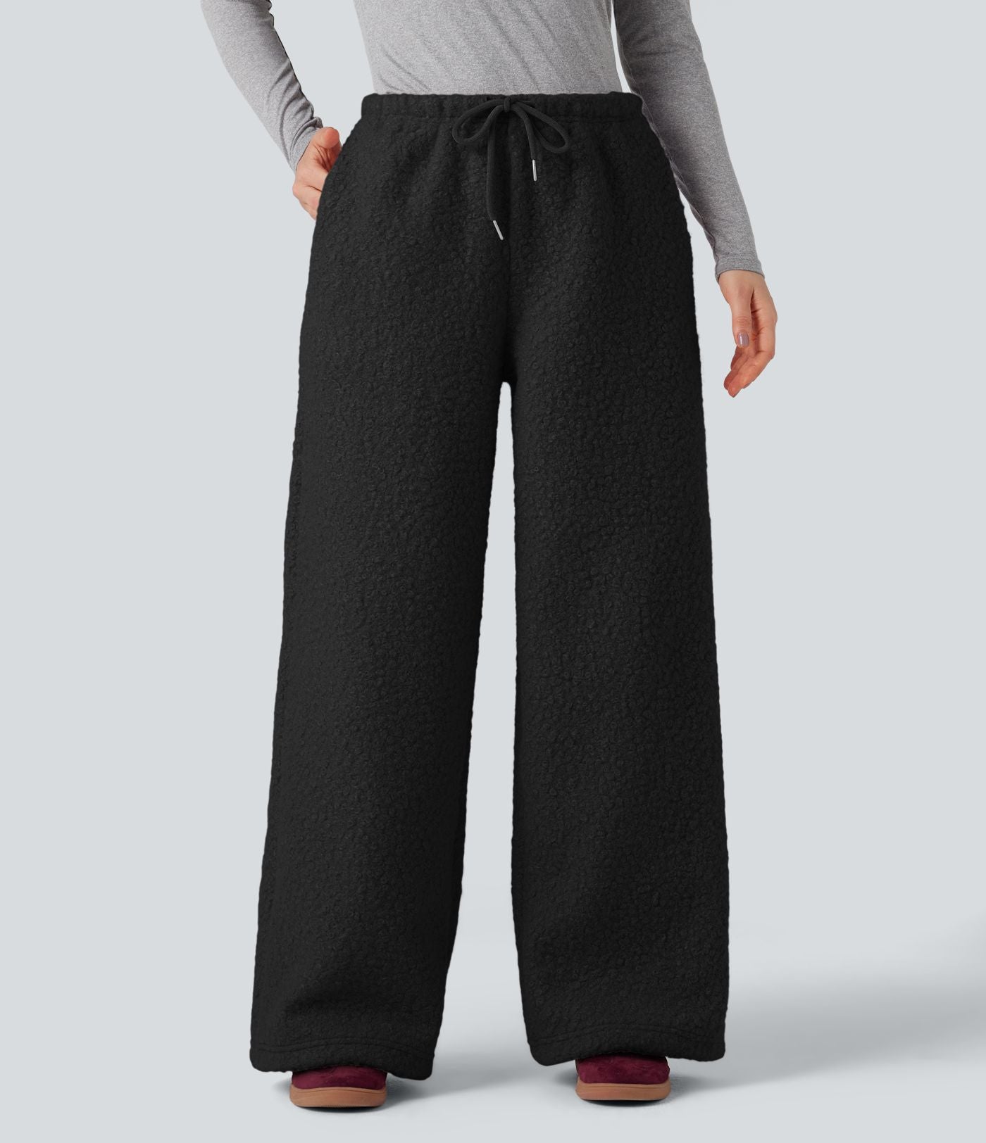 Pantalon large teddy taille mi-haute avec cordon de serrage et poches