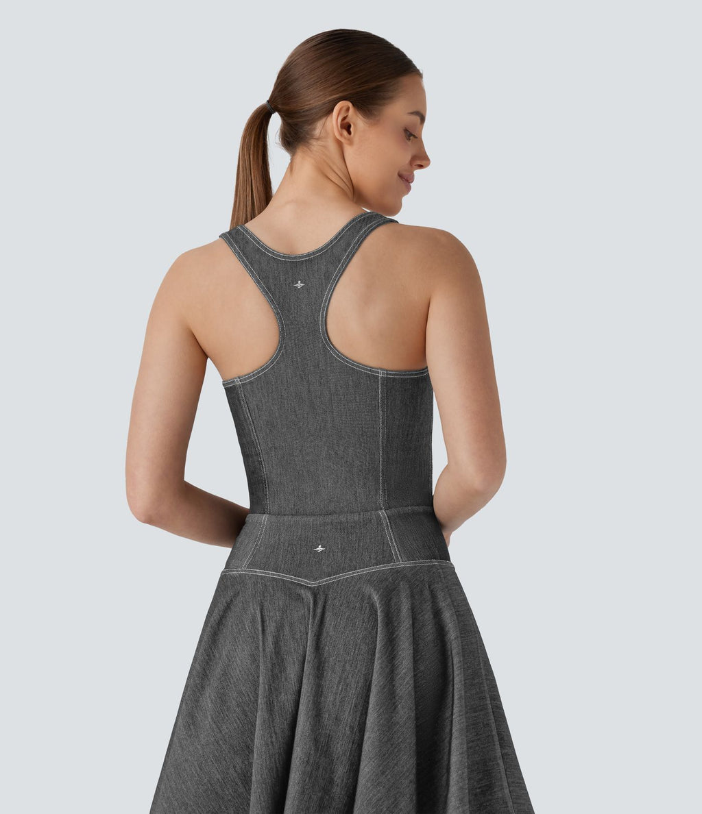 Body de tennis Halara Flex™ en denim stretch délavé à col carré, dos nageur et effet frais InstantCool