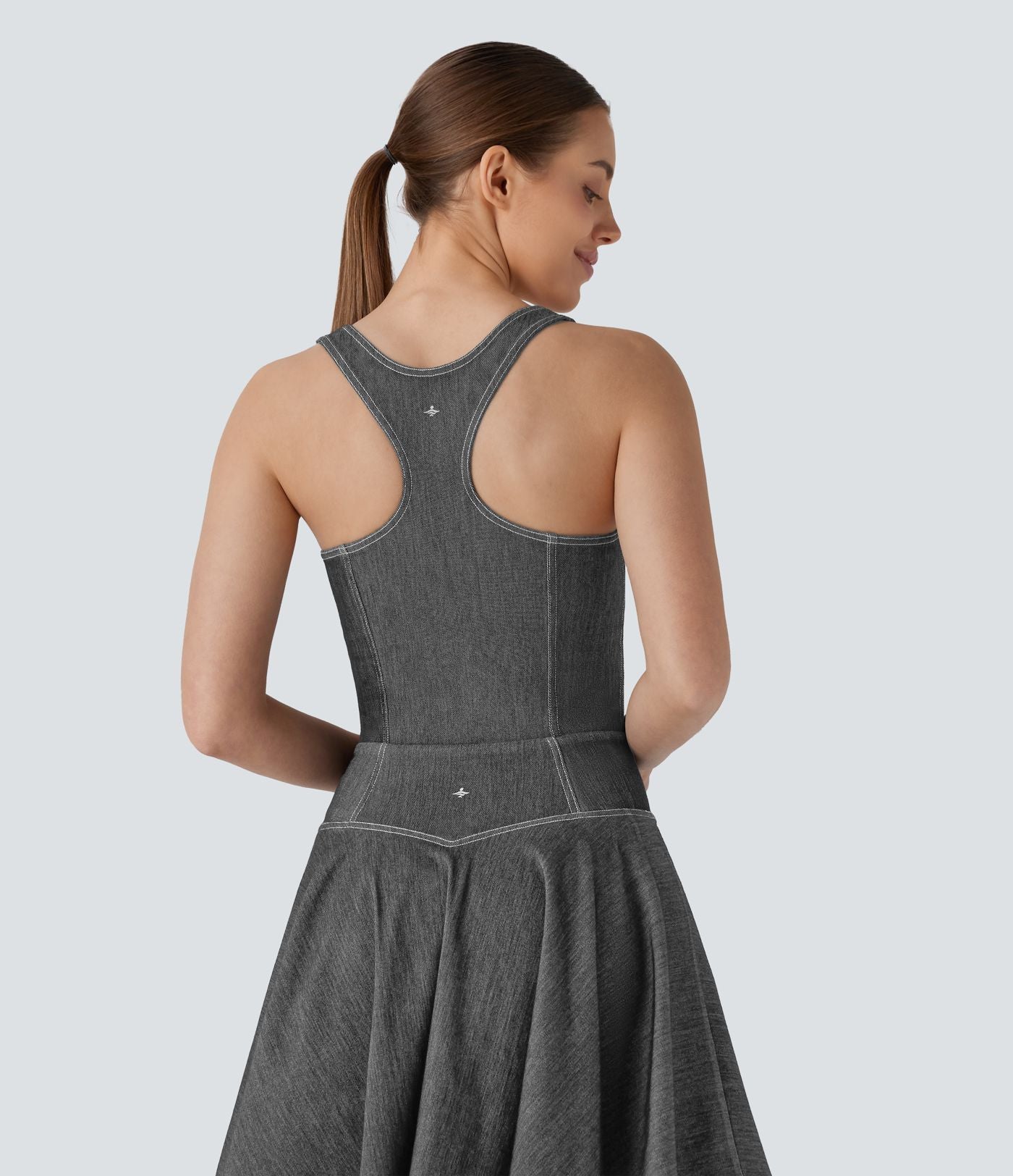 Body de tennis Halara Flex™ en denim stretch délavé à col carré, dos nageur et effet frais InstantCool