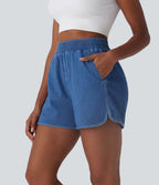 Short en jean extensible délavé Halara Flex™ taille haute avec ourlet arrondi fendu effet frais InstantCool et poches