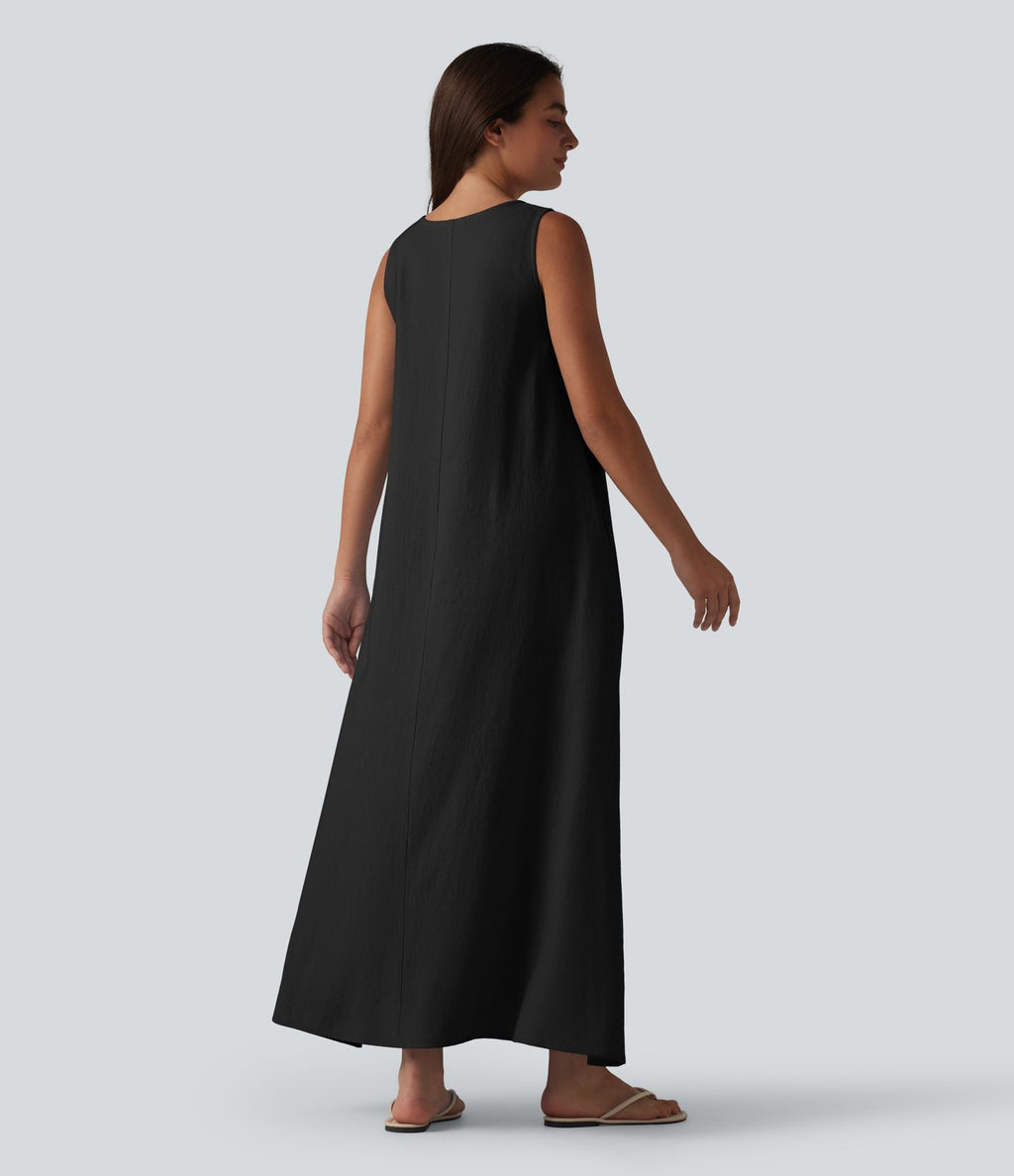 Robe débardeur midi unie sans manches à col rond et poches