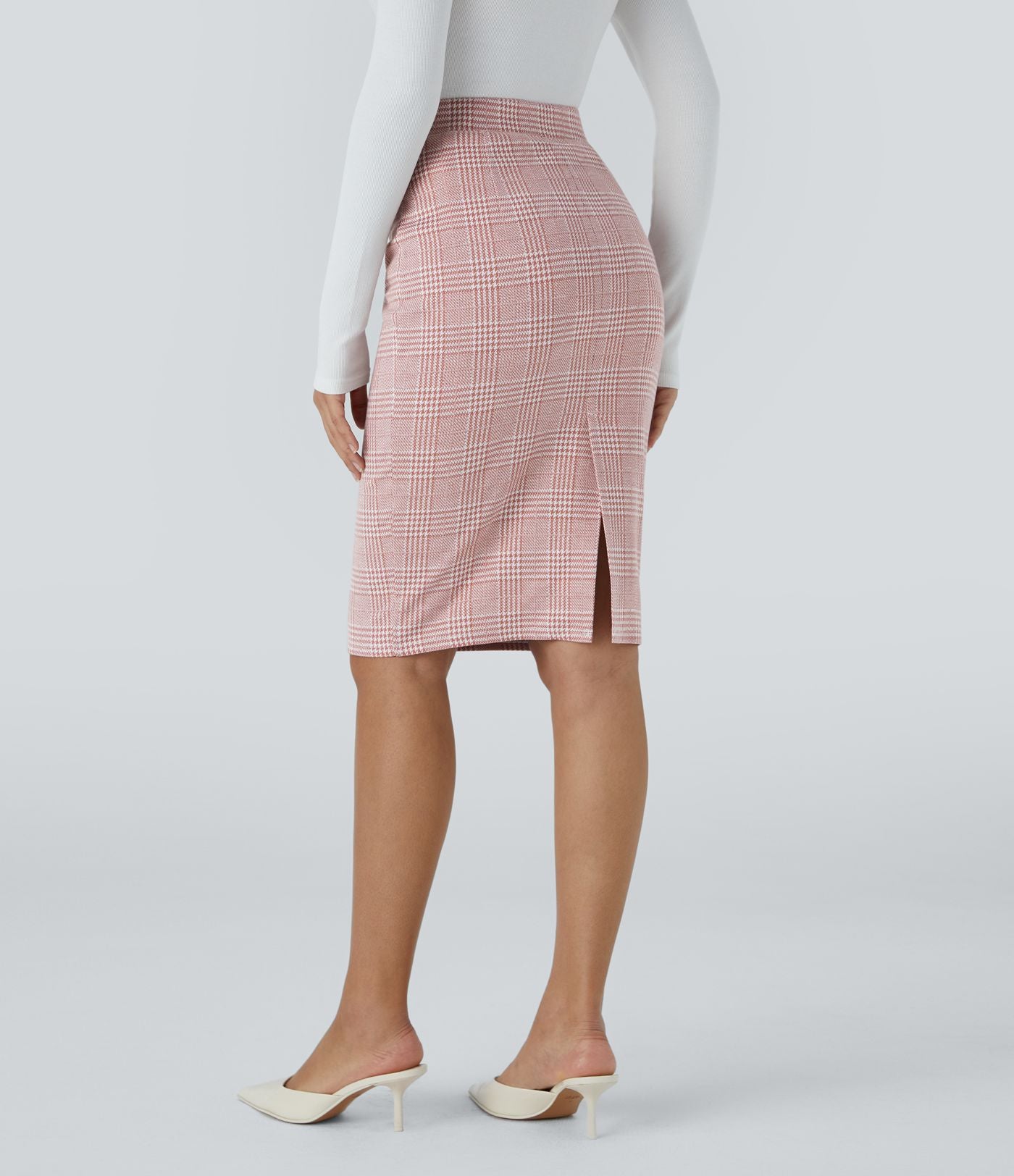 Jupe crayon de travail à taille haute, fente et motif pied-de-poule et carreaux