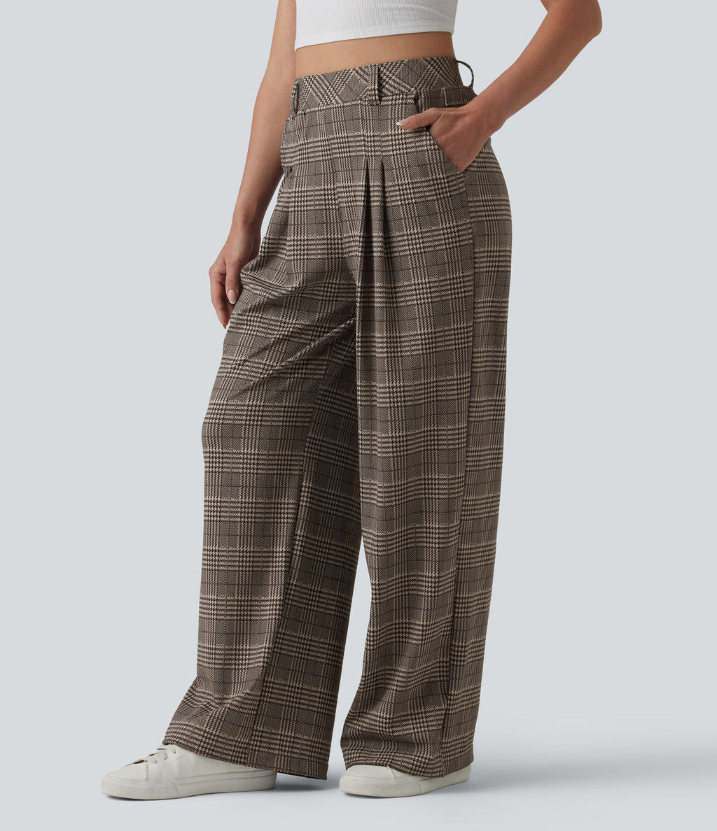 Pantalon large taille haute à carreaux pied-de-poule avec poches