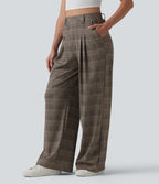 Pantalon large taille haute à carreaux pied-de-poule avec poches