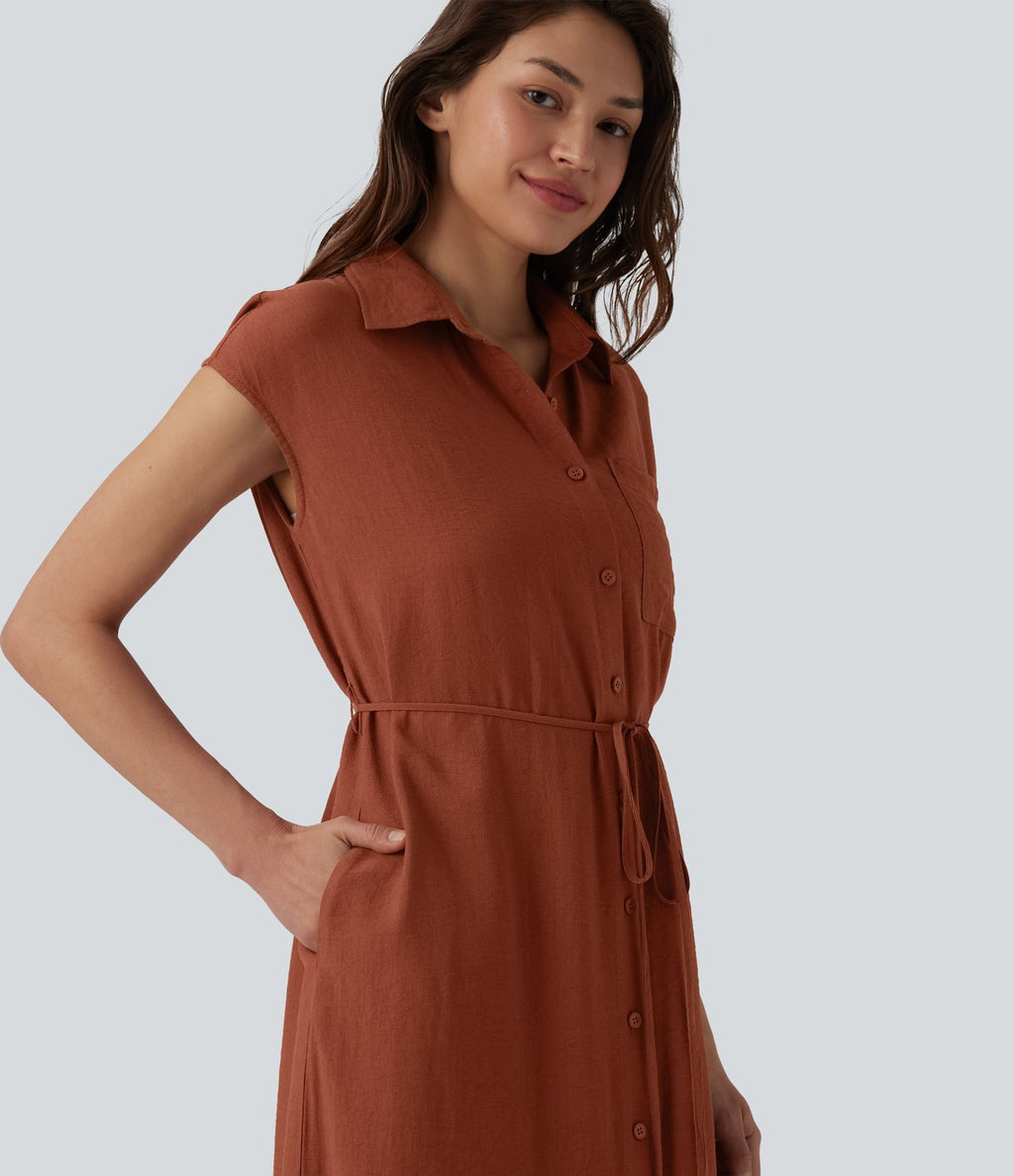 Robe chemise casual mi-longue col manches courtes ceinturée ourlet arrondi avec fente et poches