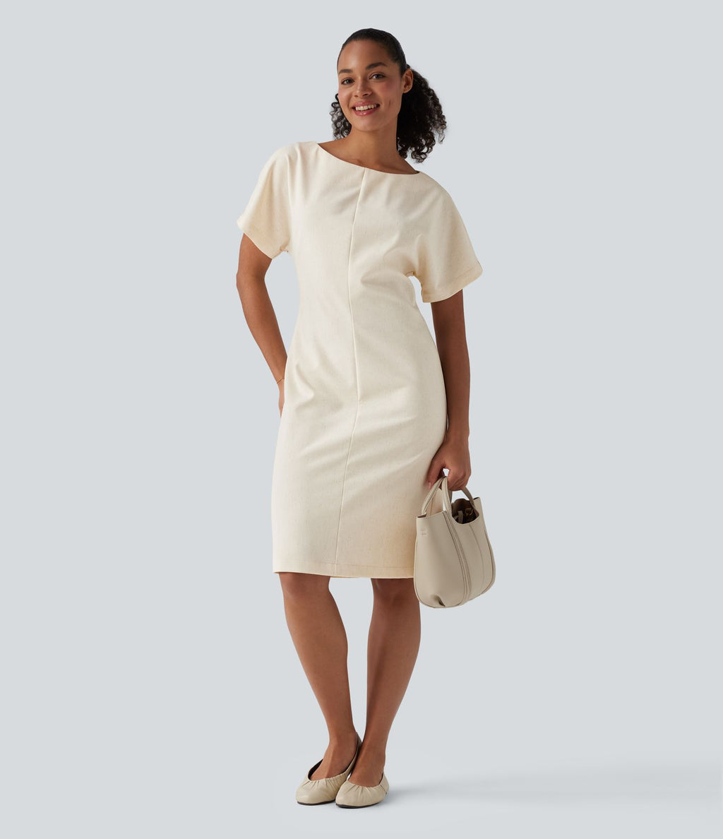 Robe mi-longue de travail col bateau manches courtes mélange lin