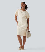 Robe mi-longue de travail col bateau manches courtes mélange lin