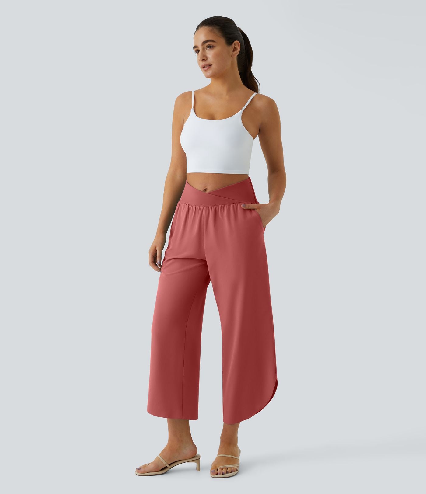 Breezeful™ Pantalon Fluide Vacances Séchage Rapide Taille Haute Croisée Poches Latérales Plissées Fente