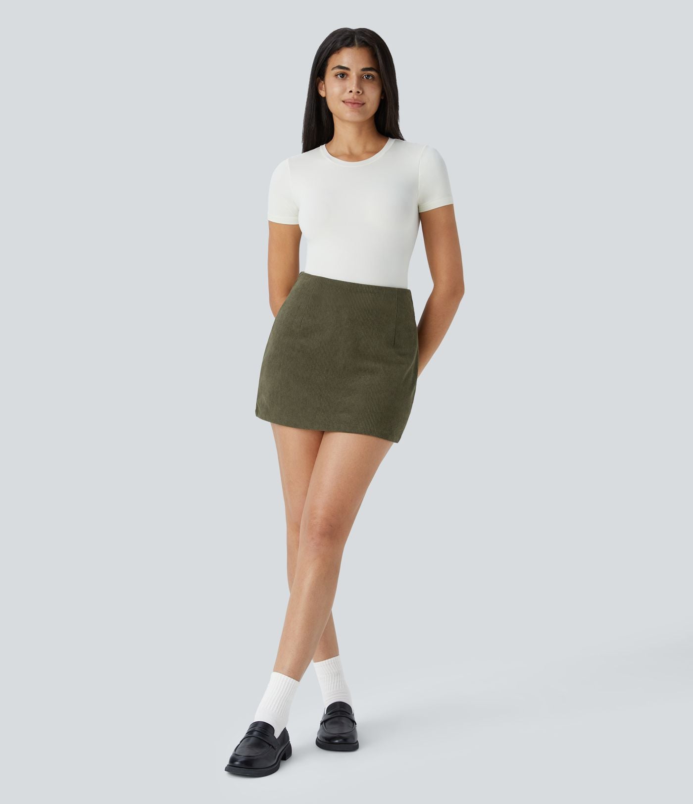 Mini-Jupe Casual en Velours Côtelé 2 en 1 Fermeture Éclair Invisible Taille Haute