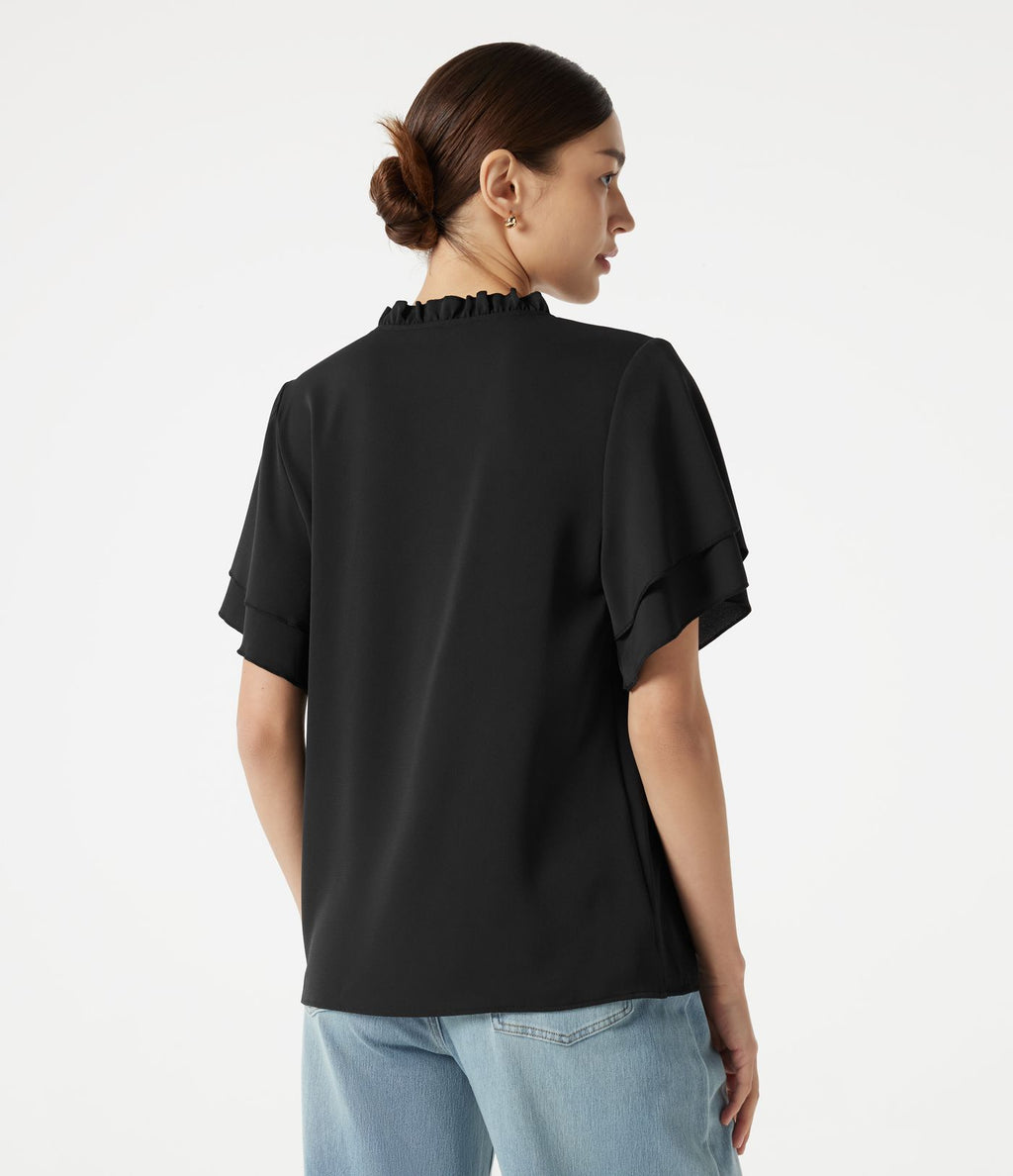 Blouse casual col V à volants, manches courtes et dentelle contrastée