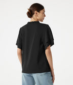 Blouse casual col V à volants, manches courtes et dentelle contrastée