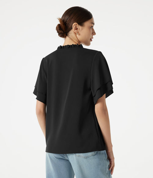 Blouse casual col V à volants, manches courtes et dentelle contrastée