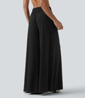 Pantalon large fluide resort taille haute avec poches