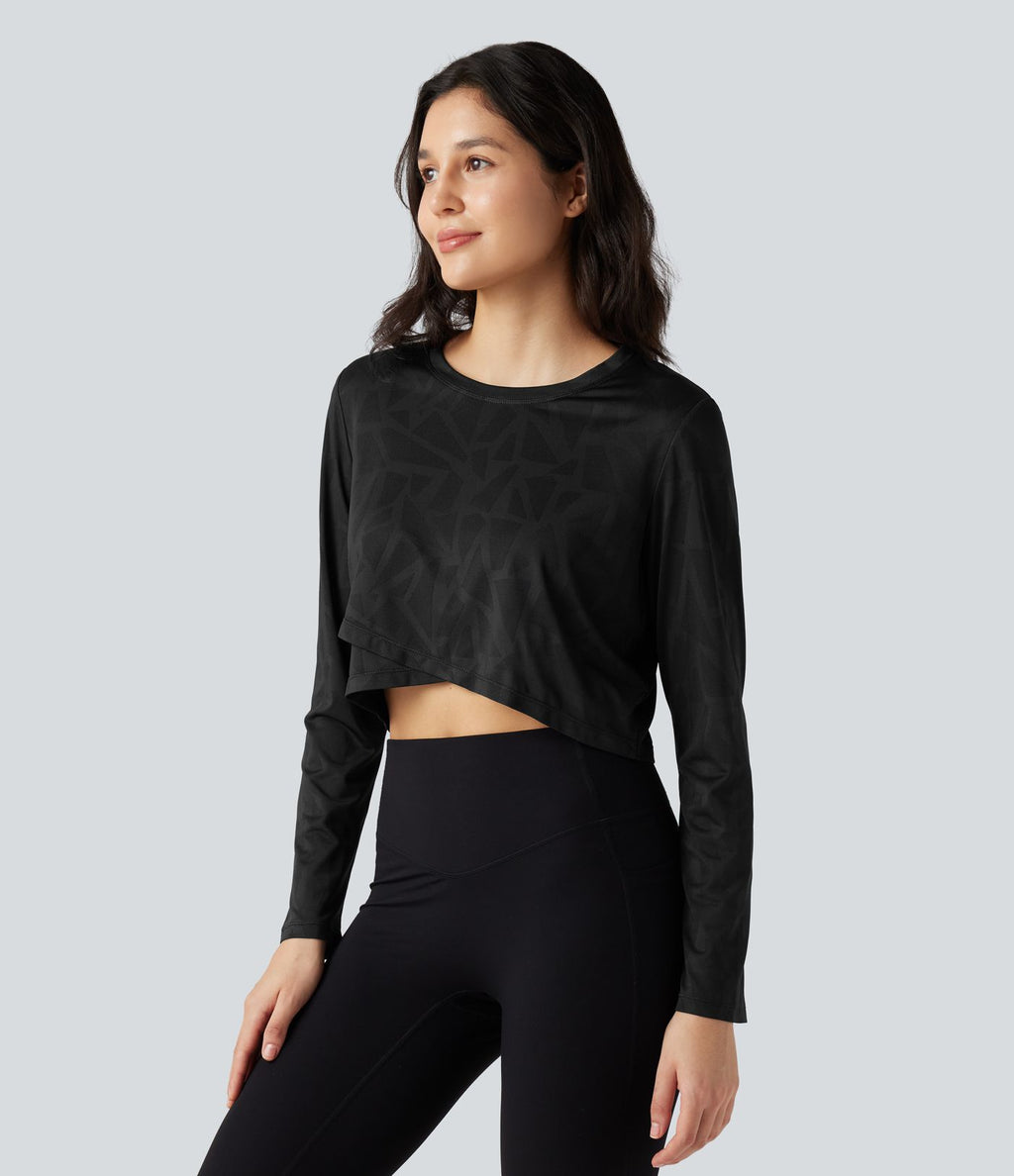 Top de sport yoga jacquard ourlet croisé col rond manches longues