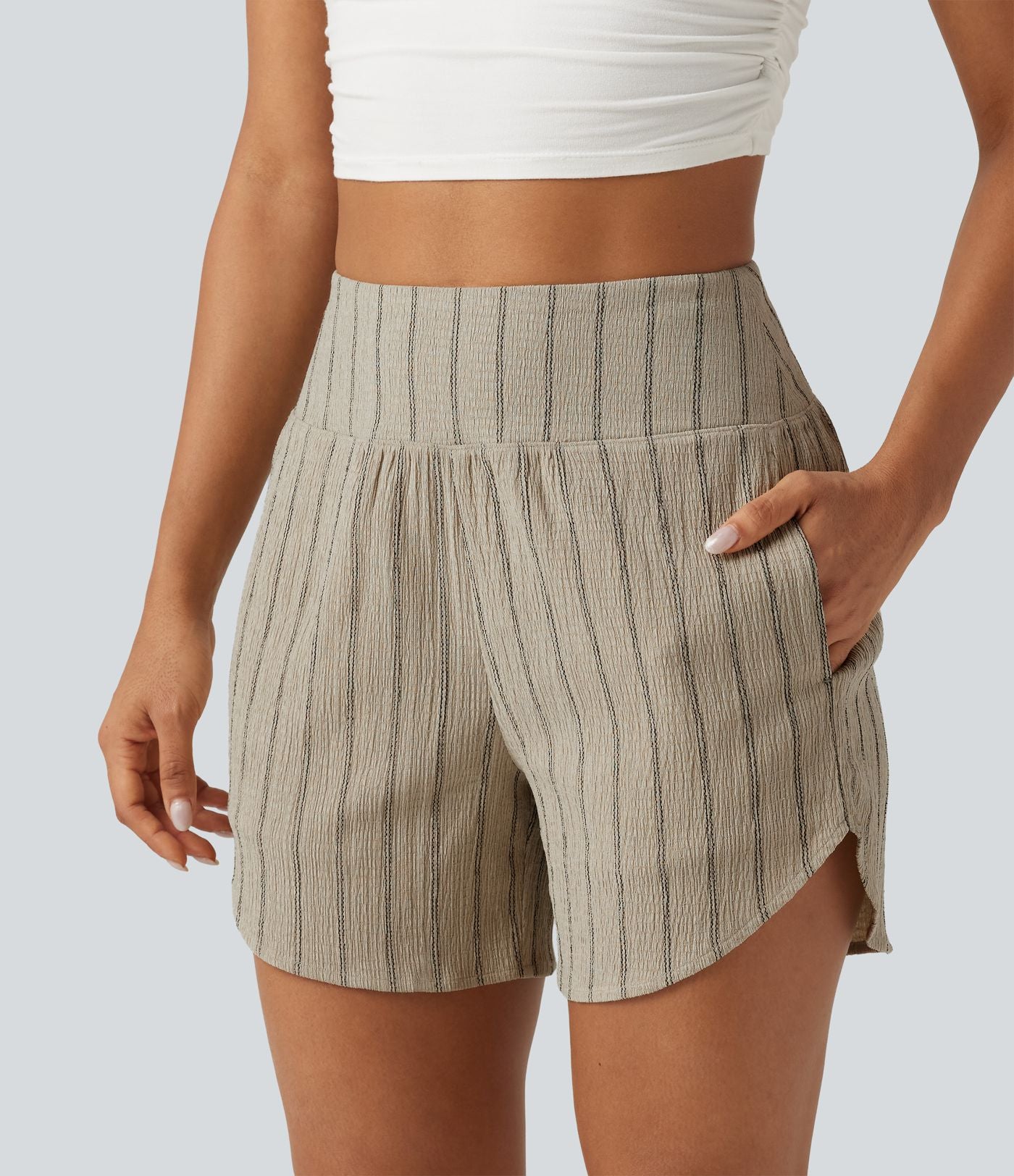 Short casual taille haute ourlet arrondi rayures avec poches