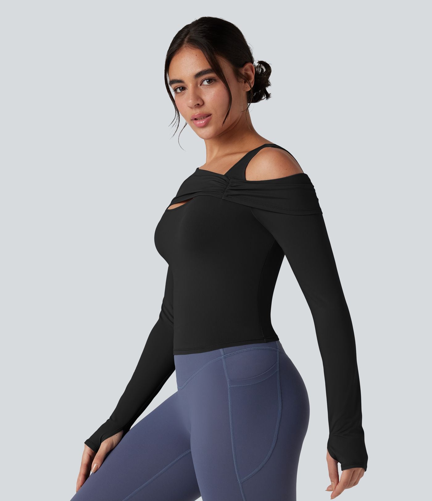 Top de sport yoga épaule asymétrique manches longues avec trous pouces