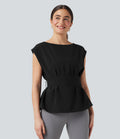 Blouse esprit bureau défroissage facile sans manches, encolure bateau et lien au dos