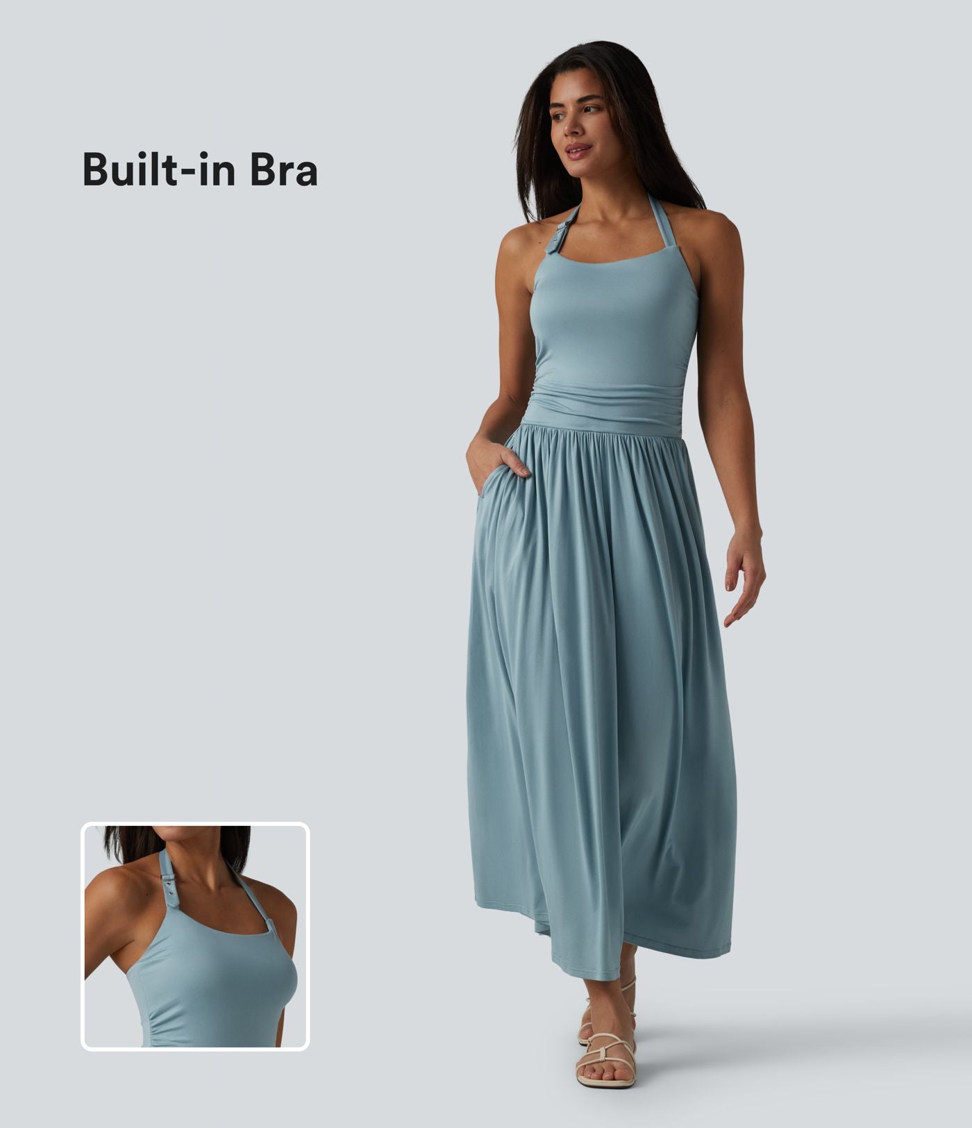 Robe longue fluide dos nu avec tour de cou, brassière intégrée et poches