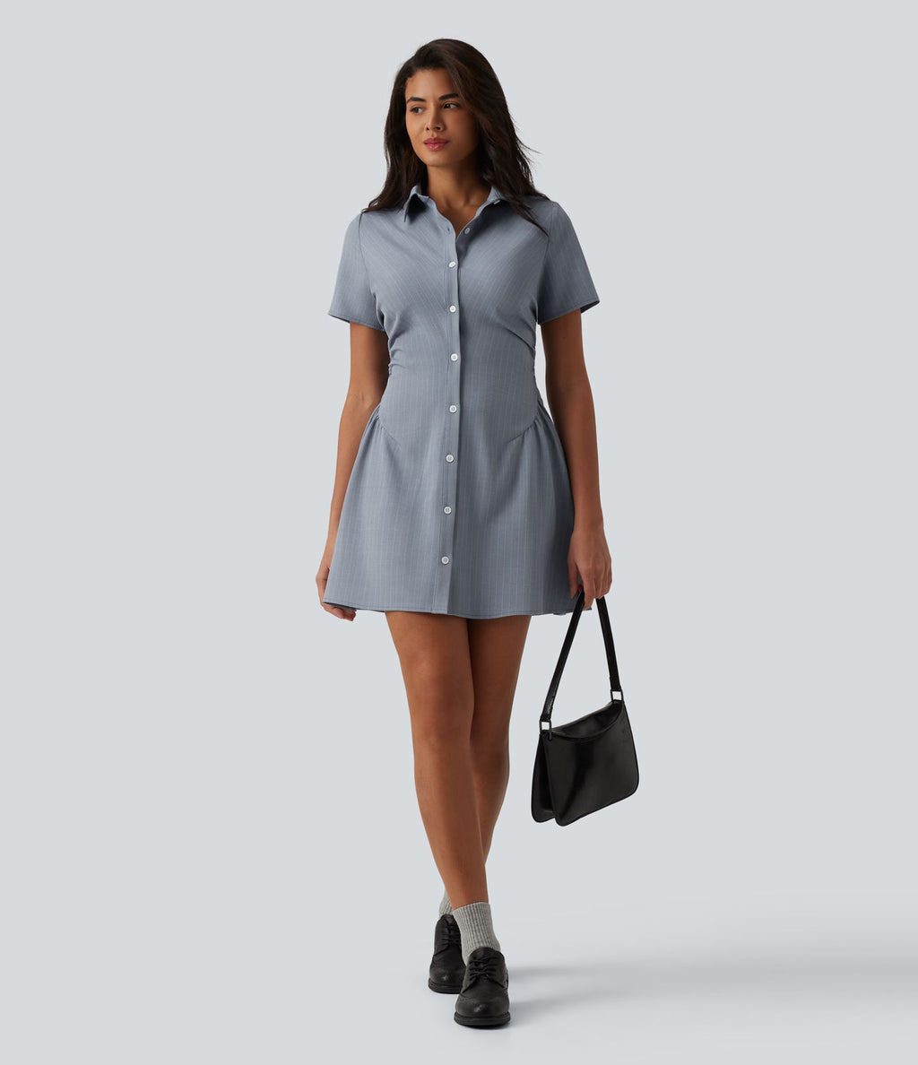 Robe chemise courte casual col manches courtes avec fronces et taille cintrée à rayures