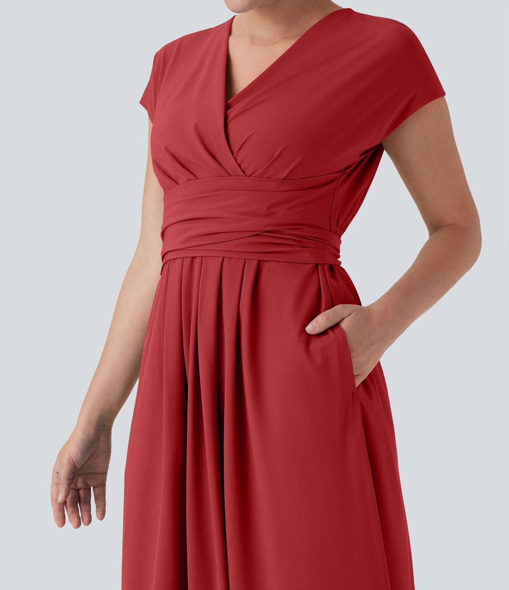 Robe midi Breezeful™ col V manches courtes à liens dans le dos séchage rapide avec poches latérales
