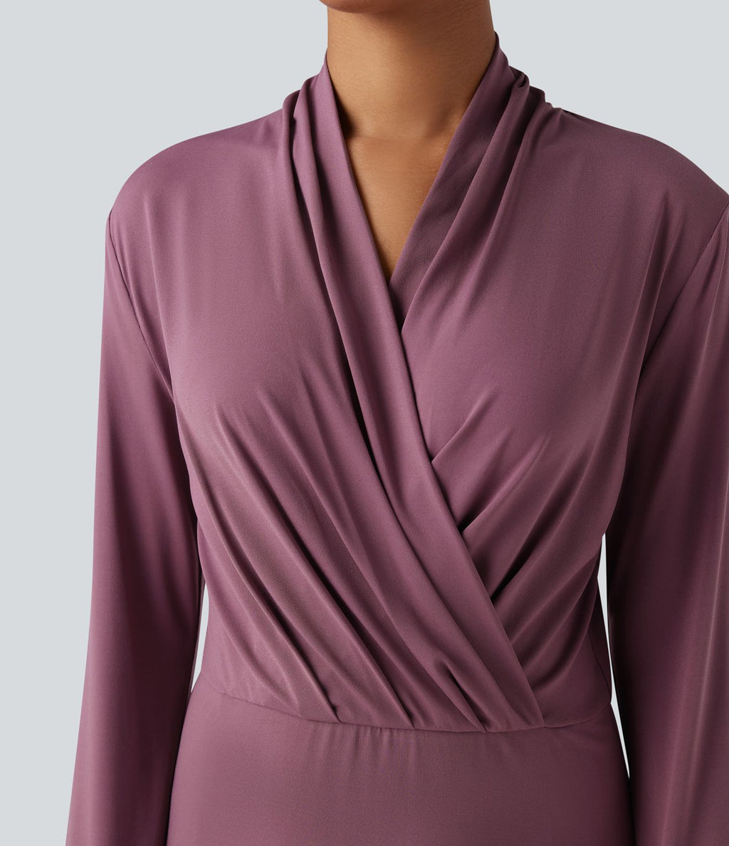 Robe de travail midi col V à manches longues avec poches