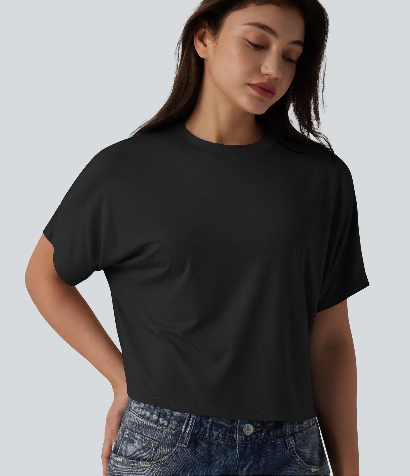 T-shirt décontracté col rond manches chauve-souris courtes