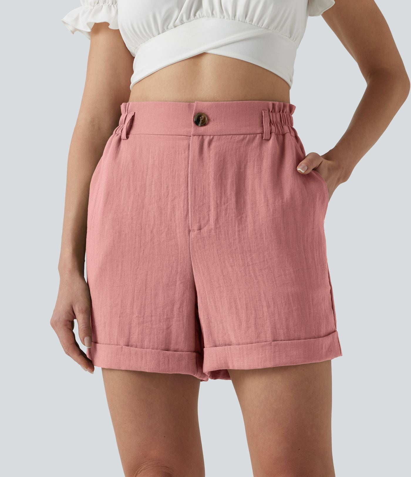 Short resort 12,5 cm taille haute effet lin avec ourlet roulotté et poches