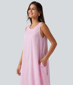 Robe débardeur midi décontractée col rond sans manches en vichy froissé avec poches