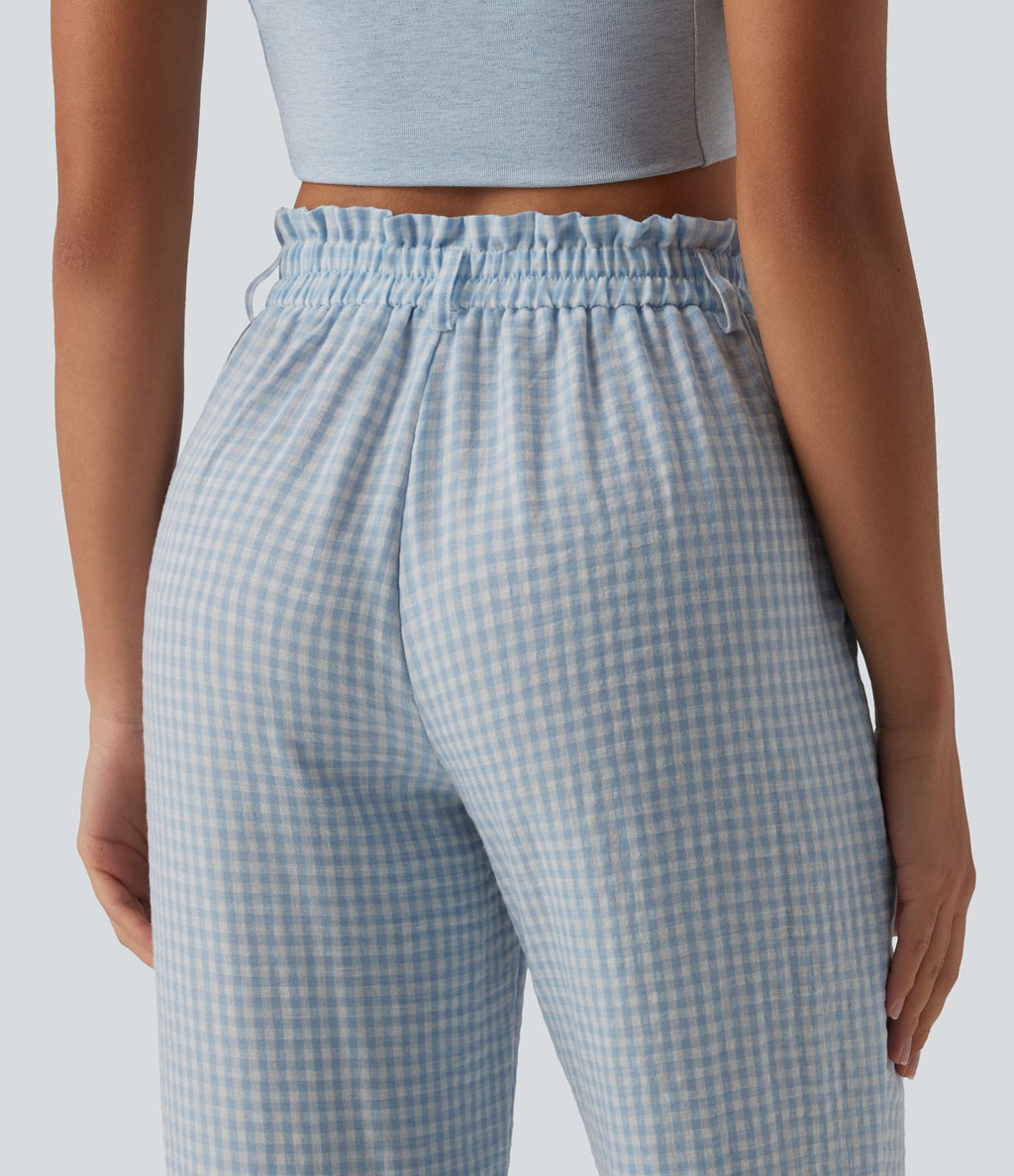 Pantalon 7/8 décontracté aspect lin à carreaux taille haute avec poches