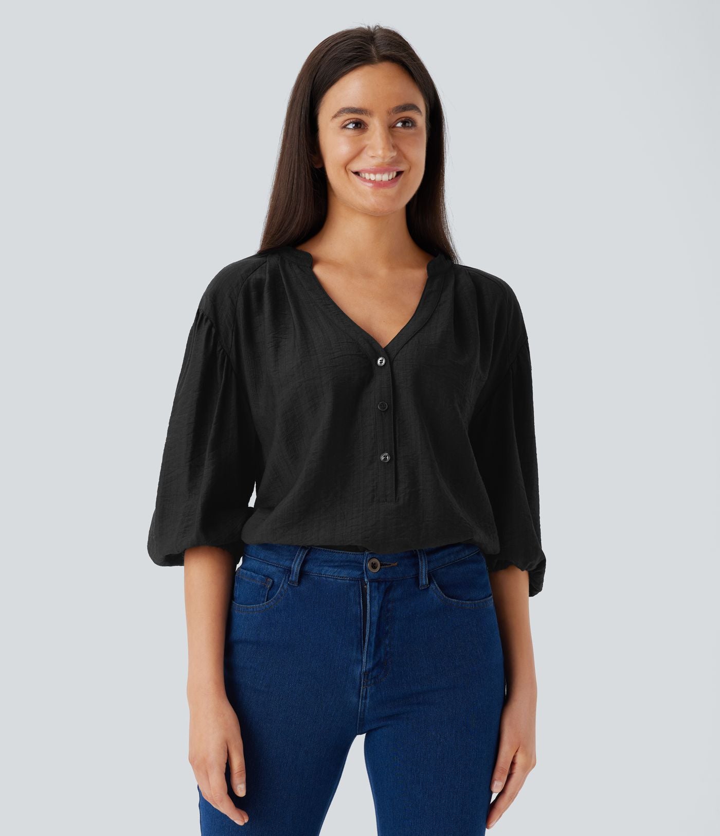 Haut décontracté oversize col V manches bouffantes 3/4