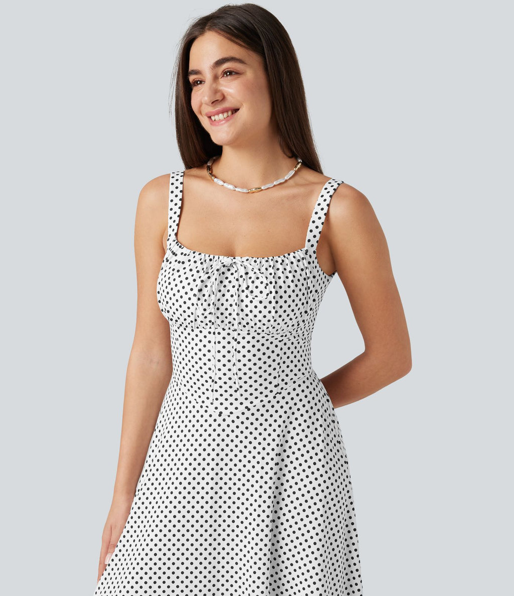 Robe midi fluide à pois à bretelles croisées dos nu col carré sans manches froncée avec soutien-gorge intégré