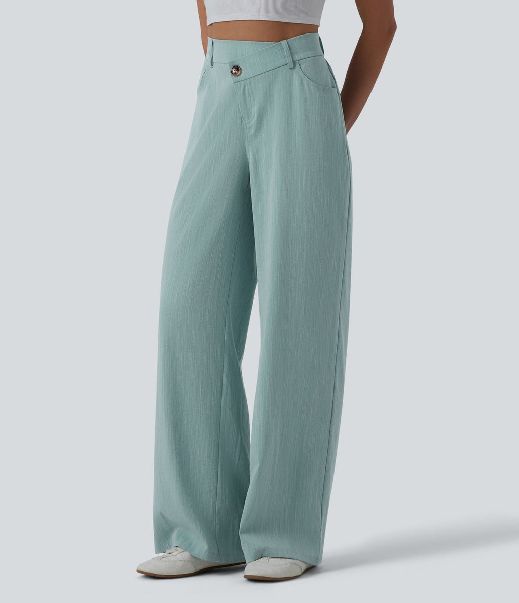 Pantalon large casual taille haute croisée aspect lin avec poches