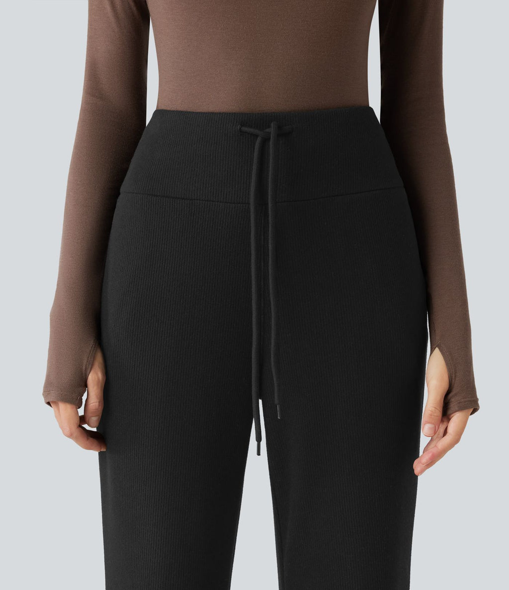 Pantalon large fluide côtelé taille haute avec cordon de serrage et poches
