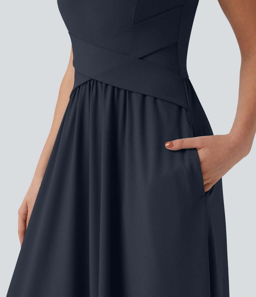 Robe maxi fluide dos nu, avec brassière intégrée et poches