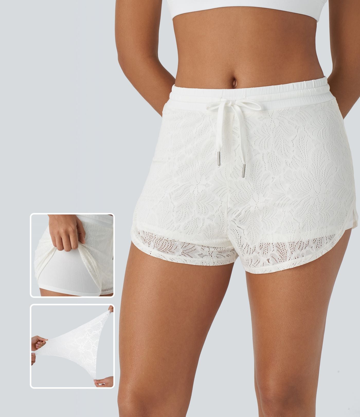 Short Yoga Taille Mi Haute avec Cordon de Serrage Ourlet Courbé en Dentelle 2 en 1