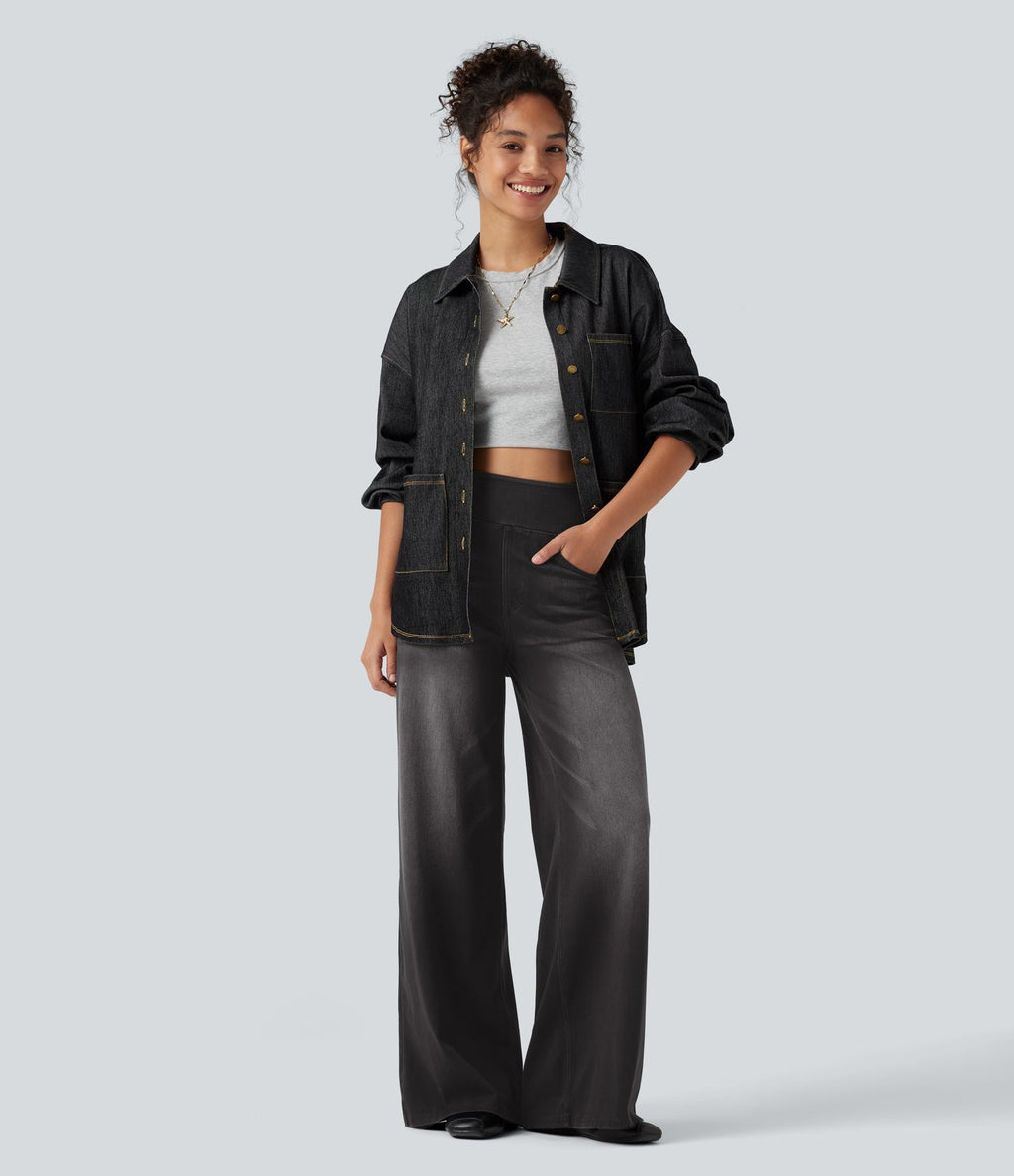 Jean décontracté Halara Flex™ large taille haute effet délavé avec poches