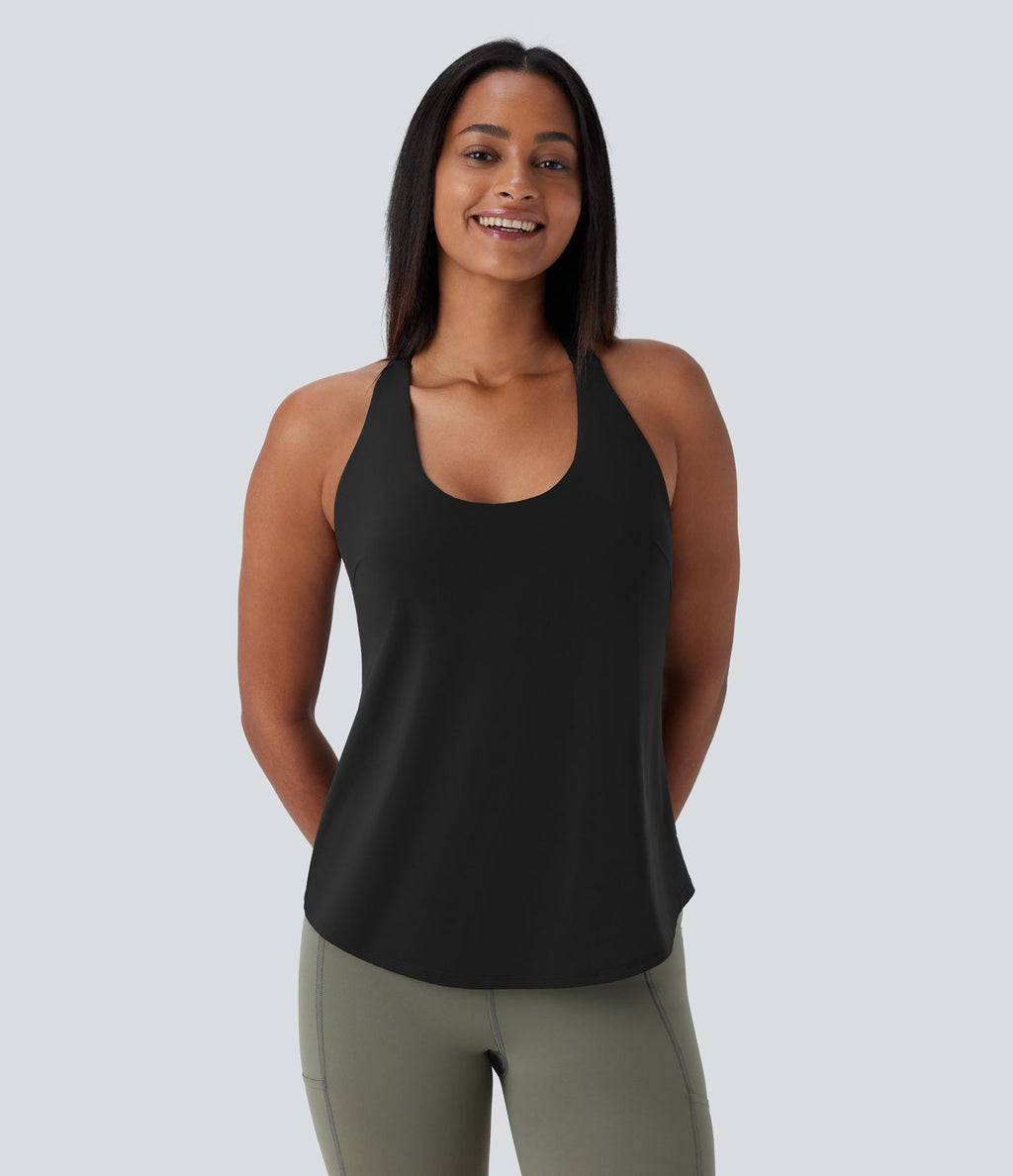 Débardeur yoga dos nu col U avec bretelles croisées, ourlet arrondi et effet frais InstantCool, protection solaire UPF50+