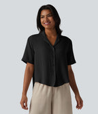 Chemise décontractée col cranté manches courtes en mélange lyocell et lin