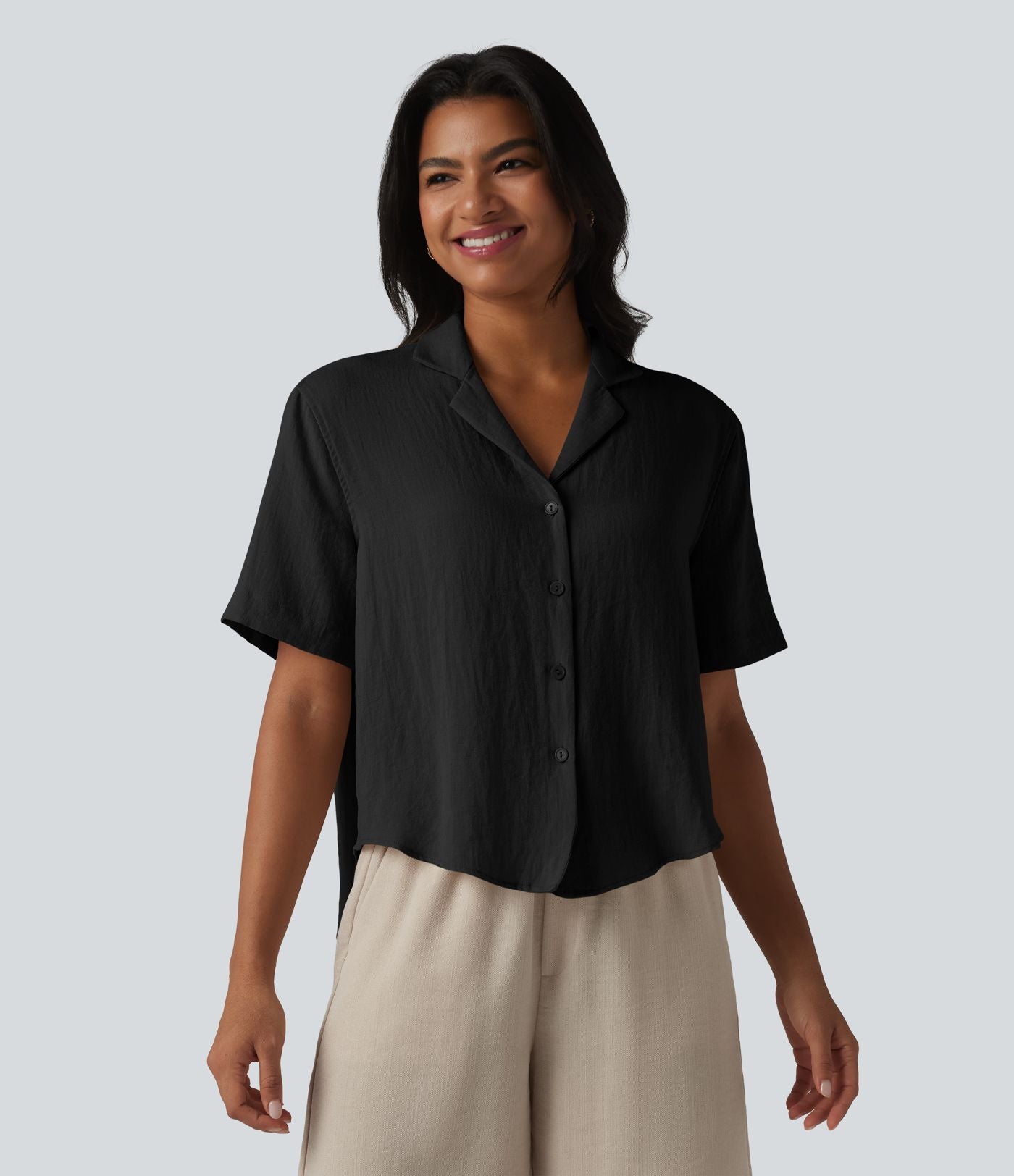 Chemise décontractée col cranté manches courtes en mélange lyocell et lin