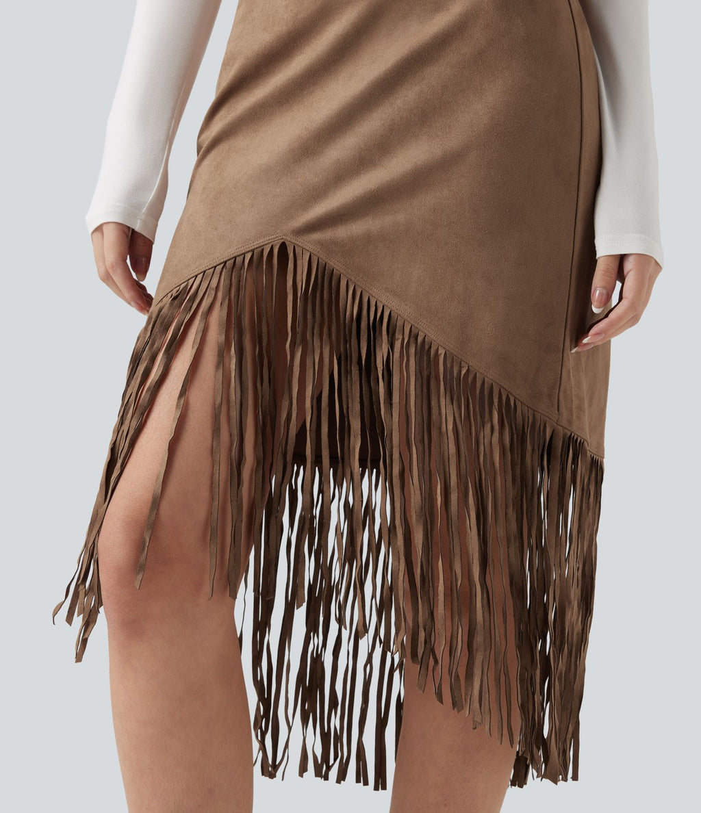 Jupe midi de soirée effet daim taille haute à franges
