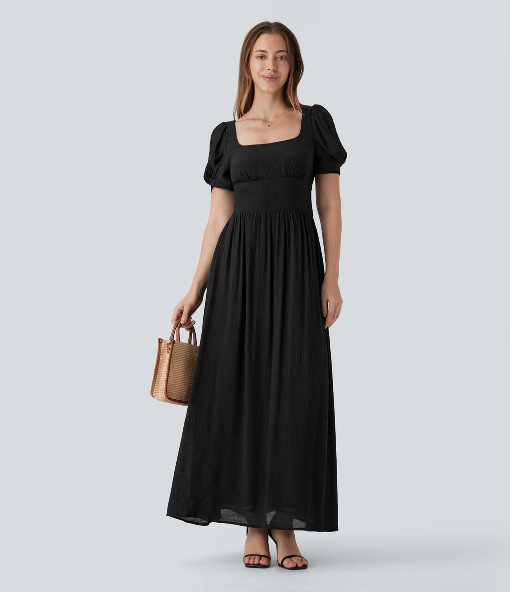Robe longue de villégiature fluide à col carré, manches bouffantes, laçage et taille cintrée