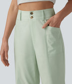 Pantalon droit décontracté en coton et lin taille haute avec poches