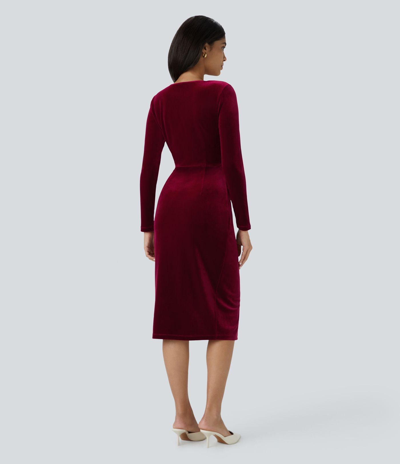 Robe de décontractée mi-longue en velours à col V, manches longues, fronces et fente