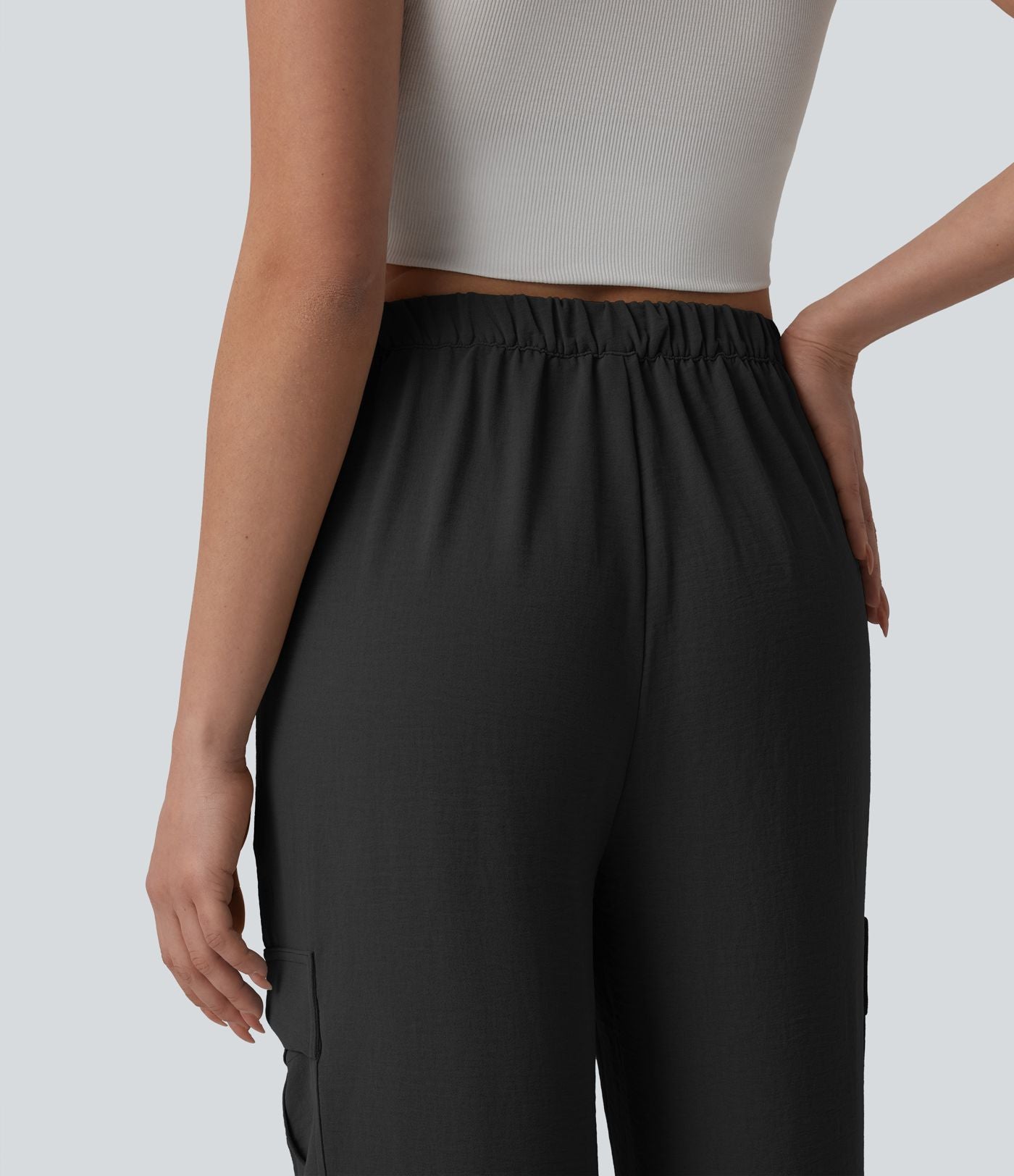 Pantalon cargo casual coupe droite taille mi-haute aspect lin à cordon de serrage avec poches
