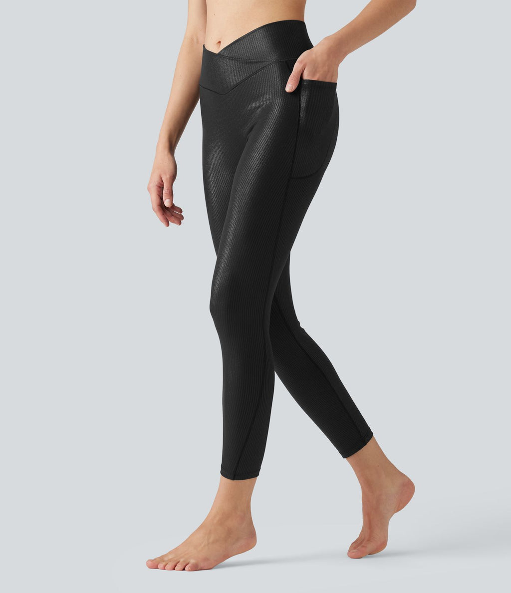 Legging de yoga en maille côtelée taille haute croisée avec imprimé métallisé et poches