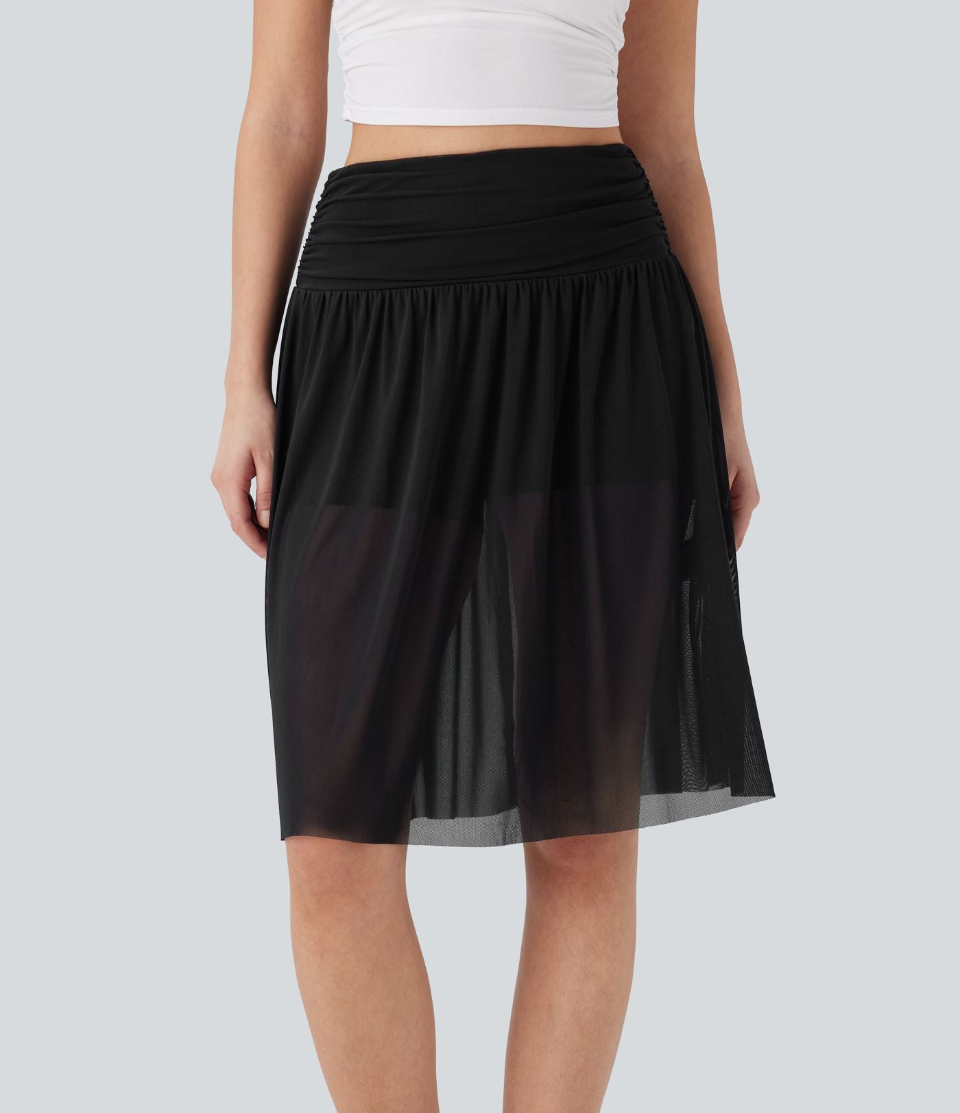 Jupe casual midi fluide 2-en-1 taille haute froncée maille contrastante avec poches latérales