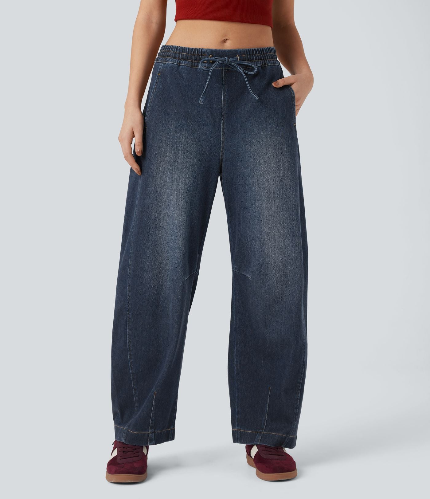 Jean jogging barrel Halara Flex™ molleton français délavé jambe ballon taille mi-haute avec cordon de serrage et poches
